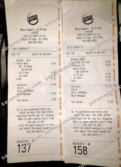 Burger King payment receipt